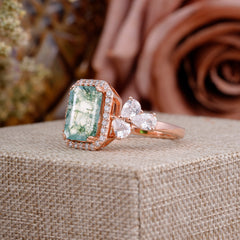 4CT Emerald Cut Moss Agate Engagement Ring Vintage Classic Side Stones Halo Bridal Ring