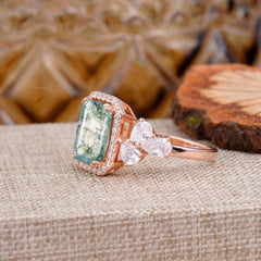 4CT Emerald Cut Moss Agate Engagement Ring Vintage Classic Side Stones Halo Bridal Ring