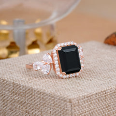 4CT Emerald Cut Black Onyx Engagement Ring Vintage Classic Side Stones Halo Bridal Ring