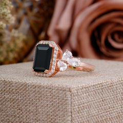 4CT Emerald Cut Black Onyx Engagement Ring Vintage Classic Side Stones Halo Bridal Ring