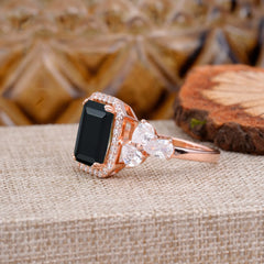 4CT Emerald Cut Black Onyx Engagement Ring Vintage Classic Side Stones Halo Bridal Ring