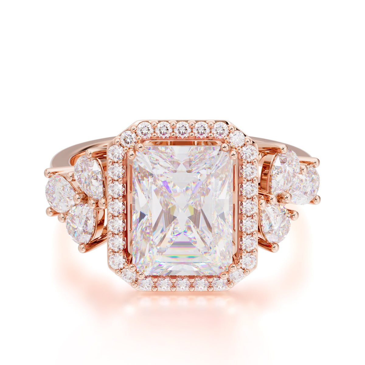 4CT Emerald Cut Moissanite Engagement Ring Vintage Classic Side Stones Halo Bridal Ring