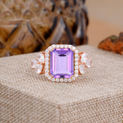 4CT Emerald Cut Amethyst Engagement Ring Vintage Classic Side Stones Halo Bridal Ring