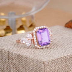4CT Emerald Cut Amethyst Engagement Ring Vintage Classic Side Stones Halo Bridal Ring