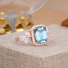 4CT Emerald Cut Aquamarine Engagement Ring Vintage Classic Side Stones Halo Bridal Ring