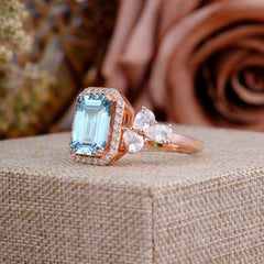 4CT Emerald Cut Aquamarine Engagement Ring Vintage Classic Side Stones Halo Bridal Ring