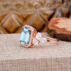 4CT Emerald Cut Aquamarine Engagement Ring Vintage Classic Side Stones Halo Bridal Ring