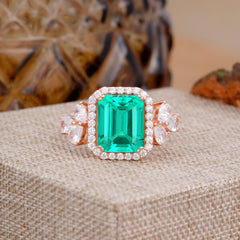 4CT Emerald Cut Emerald Engagement Ring Vintage Classic Side Stones Halo Bridal Ring