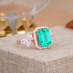 4CT Emerald Cut Emerald Engagement Ring Vintage Classic Side Stones Halo Bridal Ring