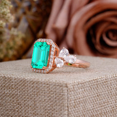 4CT Emerald Cut Emerald Engagement Ring Vintage Classic Side Stones Halo Bridal Ring