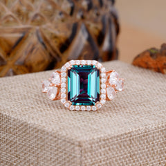 4CT Emerald Cut Alexandrite Engagement Ring Vintage Classic Side Stones Halo Bridal Ring