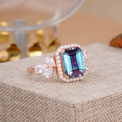 4CT Emerald Cut Alexandrite Engagement Ring Vintage Classic Side Stones Halo Bridal Ring