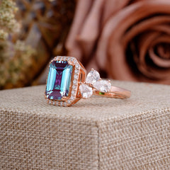 4CT Emerald Cut Alexandrite Engagement Ring Vintage Classic Side Stones Halo Bridal Ring