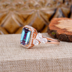 4CT Emerald Cut Alexandrite Engagement Ring Vintage Classic Side Stones Halo Bridal Ring