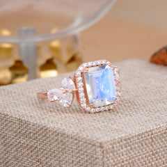 4CT Emerald Cut Moonstone Engagement Ring Vintage Classic Side Stones Halo Bridal Ring