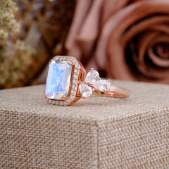 4CT Emerald Cut Moonstone Engagement Ring Vintage Classic Side Stones Halo Bridal Ring