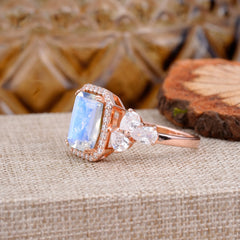 4CT Emerald Cut Moonstone Engagement Ring Vintage Classic Side Stones Halo Bridal Ring