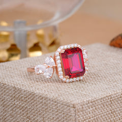 4CT Emerald Cut Ruby Engagement Ring Vintage Classic Side Stones Halo Bridal Ring