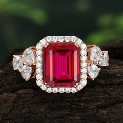 4CT Emerald Cut Ruby Engagement Ring Vintage Classic Side Stones Halo Bridal Ring