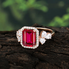 4CT Emerald Cut Ruby Engagement Ring Vintage Classic Side Stones Halo Bridal Ring