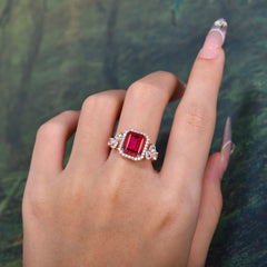 4CT Emerald Cut Ruby Engagement Ring Vintage Classic Side Stones Halo Bridal Ring