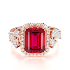 4CT Emerald Cut Ruby Engagement Ring Vintage Classic Side Stones Halo Bridal Ring