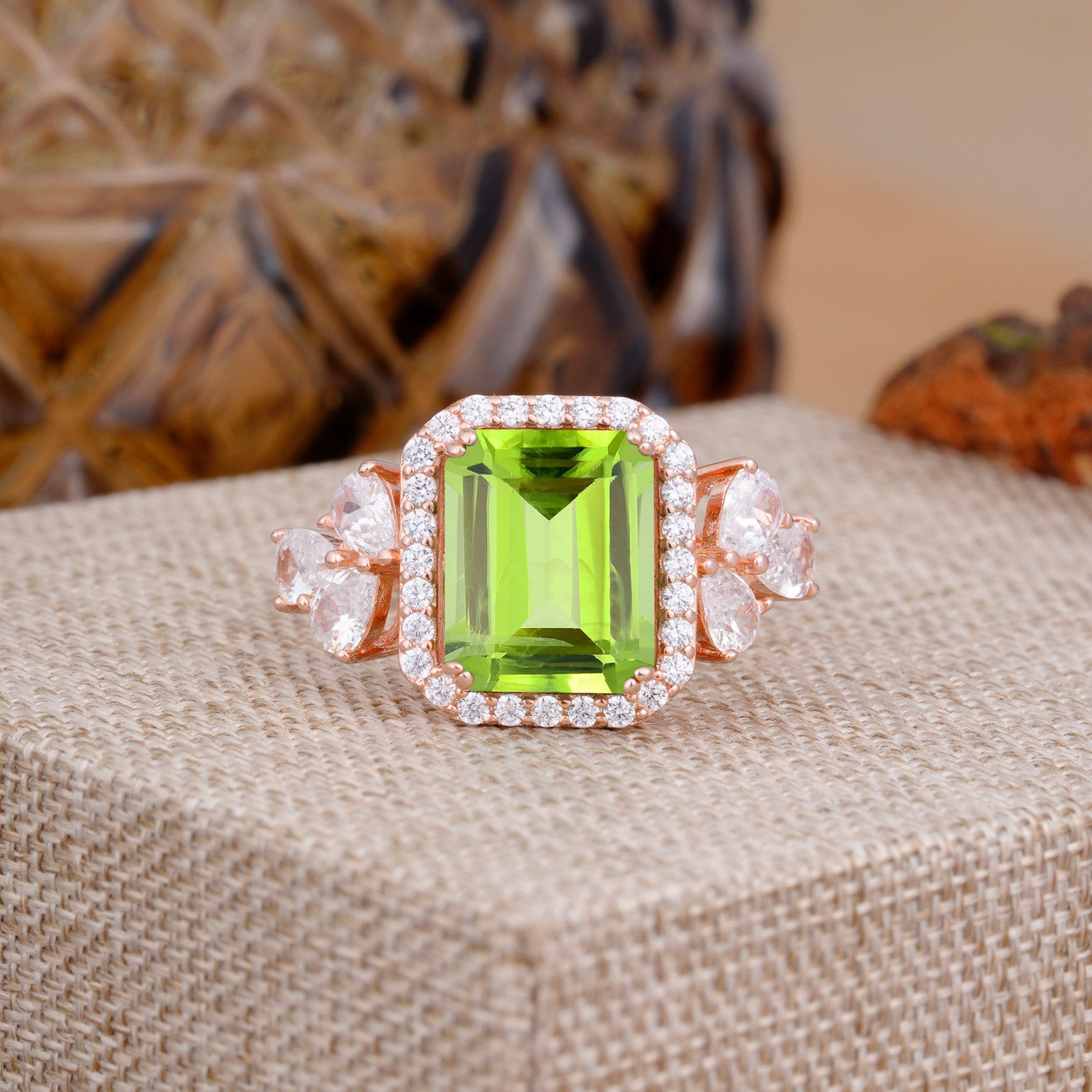 4CT Emerald Cut Peridot Engagement Ring Vintage Classic Side Stones Halo Bridal Ring     - Additional view