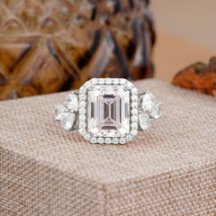 4CT Emerald Cut Moissanite Engagement Ring Vintage Classic Side Stones Halo Bridal Ring