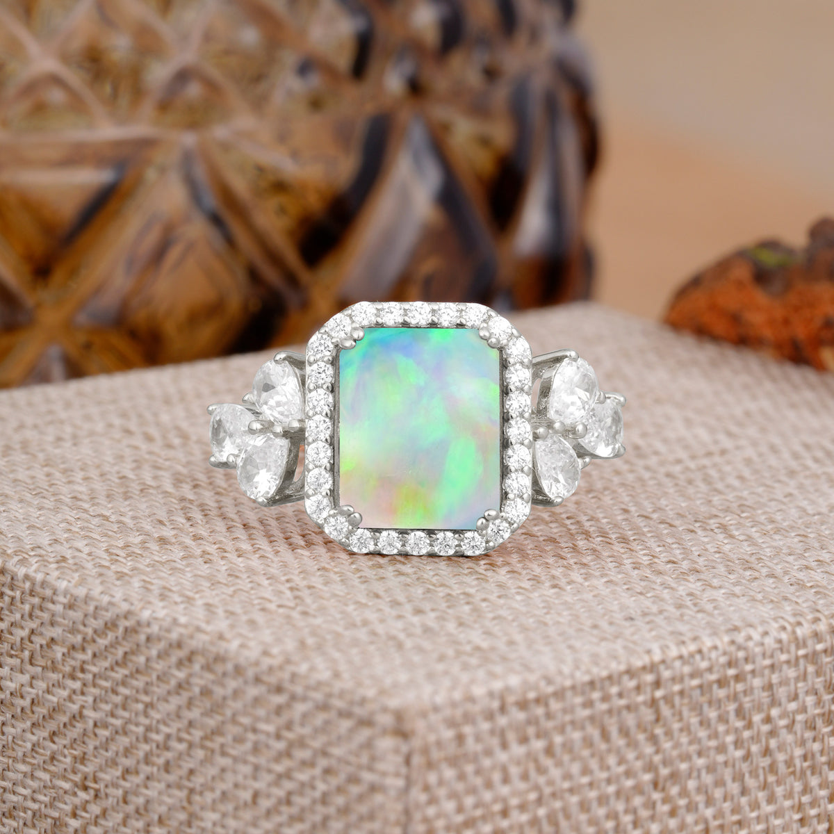 4CT Emerald Cut Fire Opal Engagement Ring Vintage Classic Side Stones Halo Bridal Ring     - Additional view