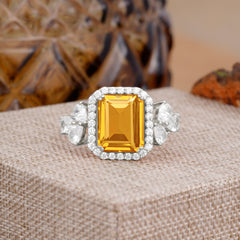 4CT Emerald Cut Citrine Engagement Ring Vintage Classic Side Stones Halo Bridal Ring