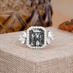 4CT Emerald Cut Black Rutilated Quartz Engagement Ring Vintage Classic Side Stones Halo Bridal Ring