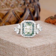 4CT Emerald Cut Moss Agate Engagement Ring Vintage Classic Side Stones Halo Bridal Ring