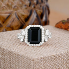 4CT Emerald Cut Black Onyx Engagement Ring Vintage Classic Side Stones Halo Bridal Ring