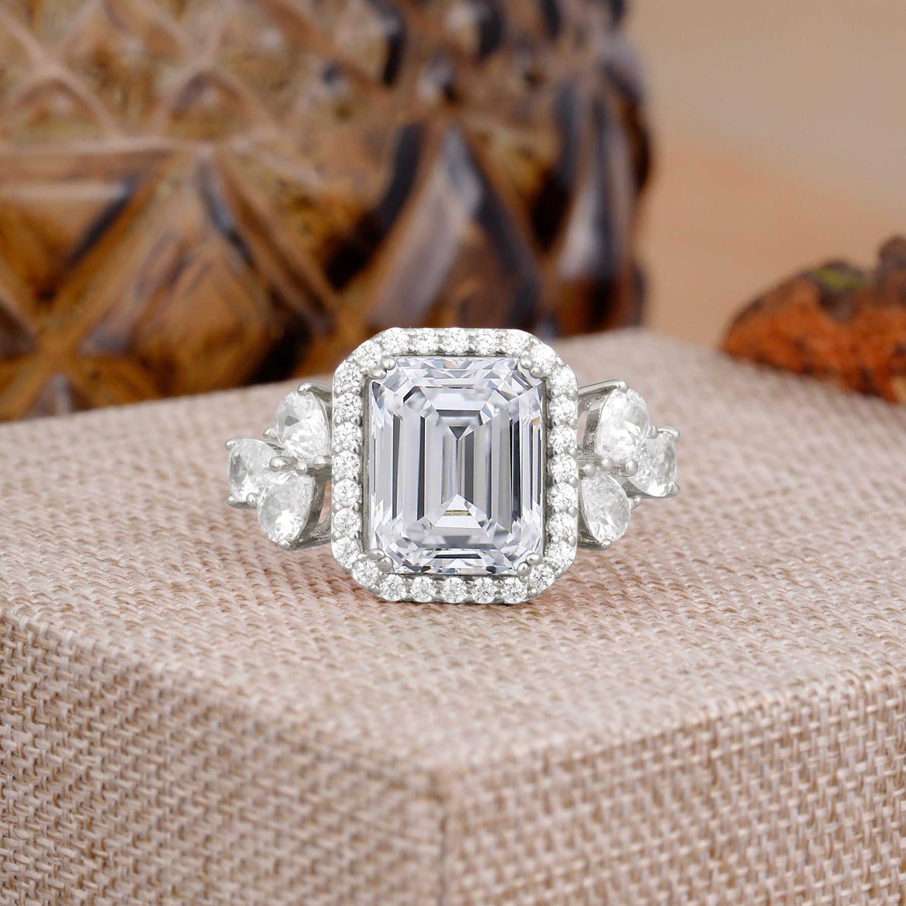 4CT Emerald Cut Lab Diamond Engagement Ring Vintage Classic Side Stones Halo Bridal Ring     - Additional view