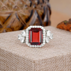 4CT Emerald Cut Garnet Engagement Ring Vintage Classic Side Stones Halo Bridal Ring