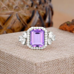 4CT Emerald Cut Amethyst Engagement Ring Vintage Classic Side Stones Halo Bridal Ring