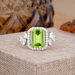 4CT Emerald Cut Peridot Engagement Ring Vintage Classic Side Stones Halo Bridal Ring     - Additional view