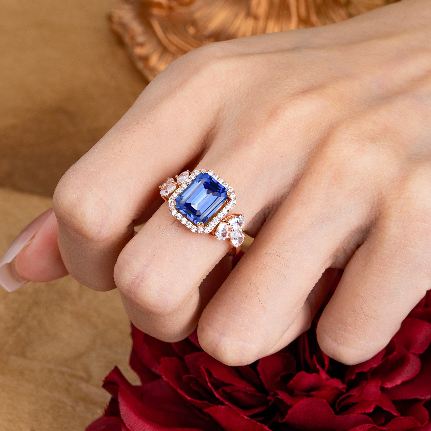 4CT Emerald Cut Sapphire 4 Prong Engagement Ring Vintage Classic Side Stones Halo Bridal Ring