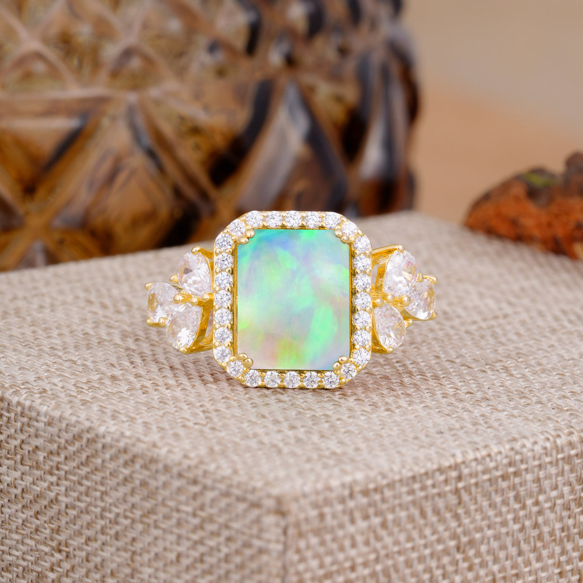 4CT Emerald Cut Fire Opal Engagement Ring Vintage Classic Side Stones Halo Bridal Ring     - Additional view