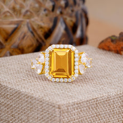 4CT Emerald Cut Citrine Engagement Ring Vintage Classic Side Stones Halo Bridal Ring