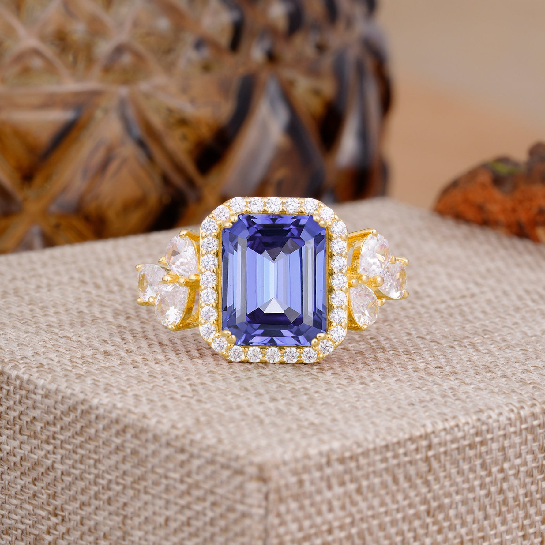4CT Emerald Cut Tanzanite Engagement Ring Vintage Classic Side Stones Halo Bridal Ring     - Additional view
