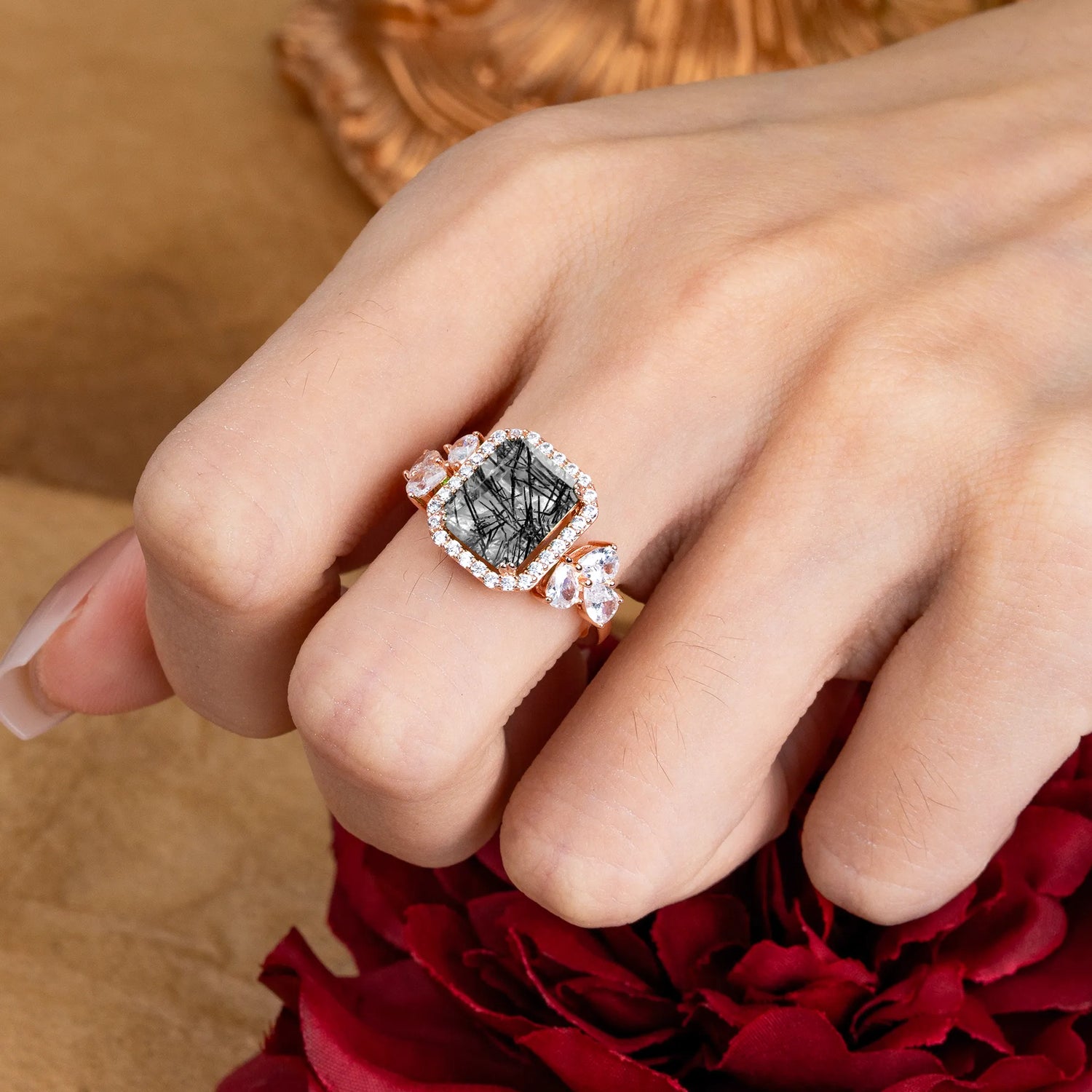 4CT Emerald Cut Black Rutilated Quartz Engagement Ring Vintage Classic Side Stones Halo Bridal Ring