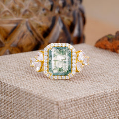 4CT Emerald Cut Moss Agate Engagement Ring Vintage Classic Side Stones Halo Bridal Ring