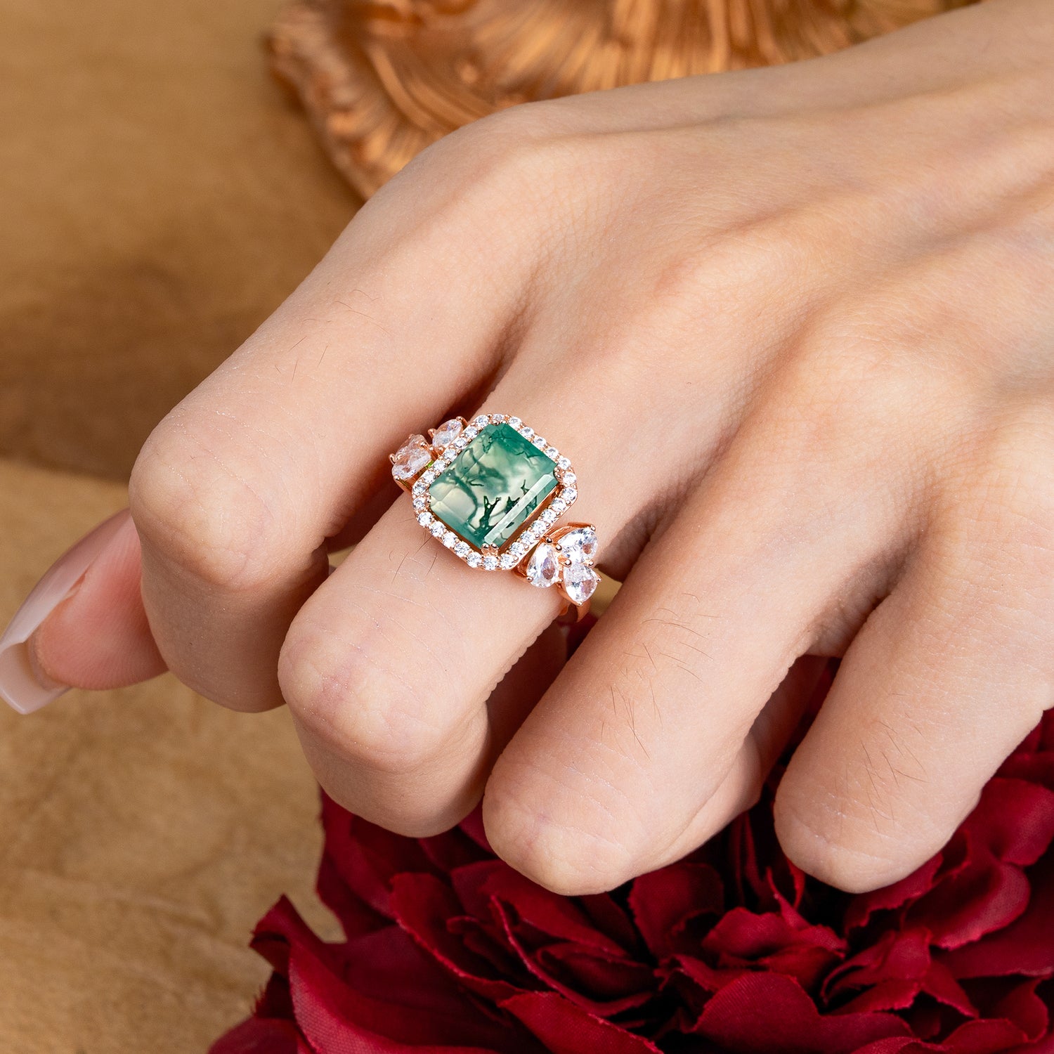 4CT Emerald Cut Moss Agate Engagement Ring Vintage Classic Side Stones Halo Bridal Ring