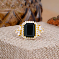 4CT Emerald Cut Black Onyx Engagement Ring Vintage Classic Side Stones Halo Bridal Ring