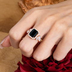 4CT Emerald Cut Black Onyx Engagement Ring Vintage Classic Side Stones Halo Bridal Ring