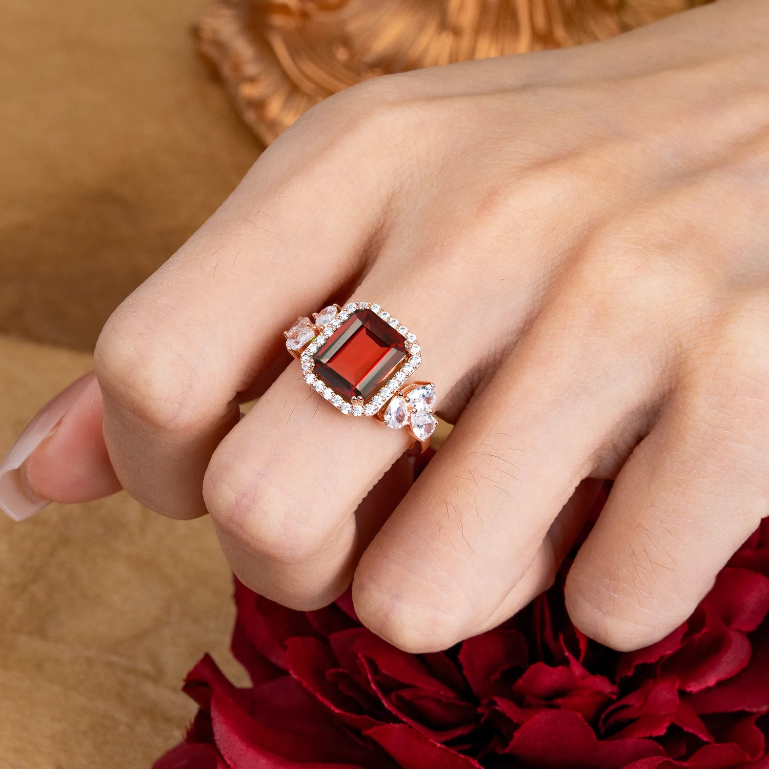 4CT Emerald Cut Garnet Engagement Ring Vintage Classic Side Stones Halo Bridal Ring