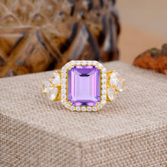 4CT Emerald Cut Amethyst Engagement Ring Vintage Classic Side Stones Halo Bridal Ring