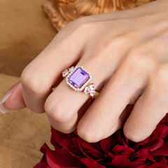 4CT Emerald Cut Amethyst Engagement Ring Vintage Classic Side Stones Halo Bridal Ring