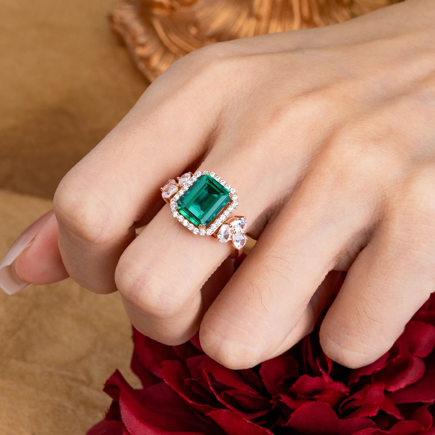 4CT Emerald Cut Emerald Engagement Ring Vintage Classic Side Stones Halo Bridal Ring